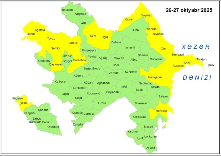 Küləkli hava ilə bağlı sarı xəbərdarlıq verilib